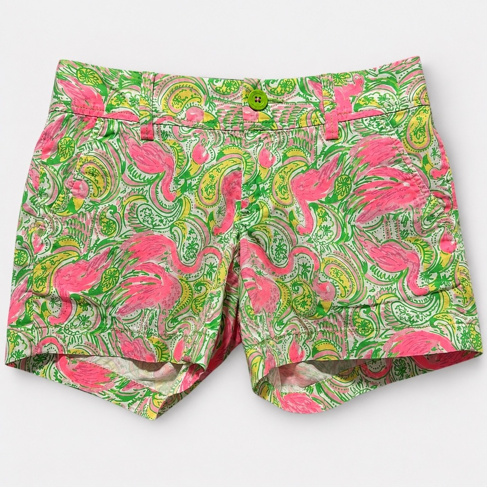 Lilly Pulitzer Callahan Shorts Womens 0 Pink Green Flamingo Paisley Excellent